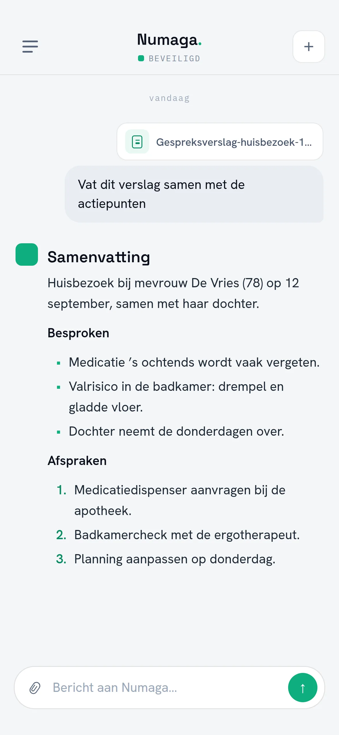 Ein Gesprächsbericht als Anhang in der Numaga-App, mit der Bitte um eine Zusammenfassung und einer Antwort mit besprochenen Punkten und nummerierten Vereinbarungen