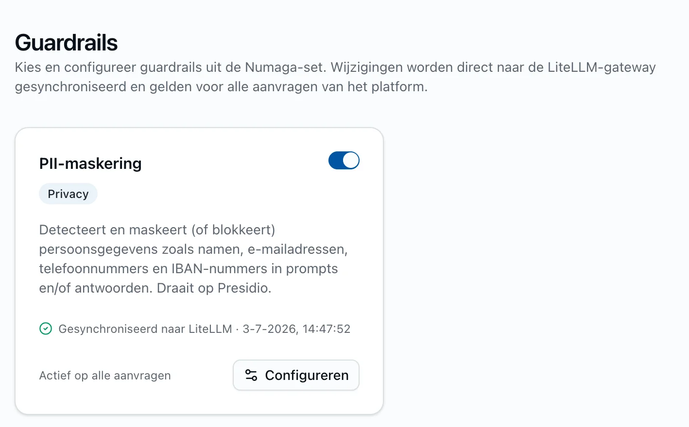 Numaga platform: guardrail management with PII masking enabled, synced to the LiteLLM gateway (product UI shown in Dutch)